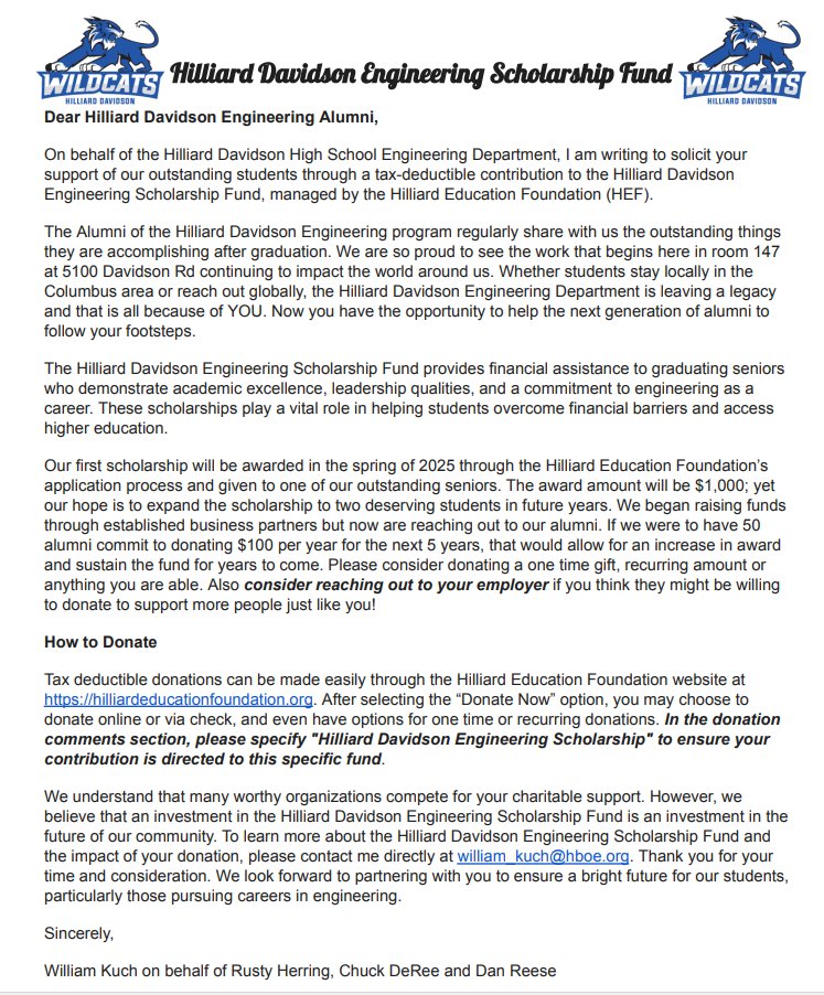 HDvHSEDD's tweet photo. Here it is, the official announcement of the Hilliard Davidson Engineering Scholarship. We are seeking support from our alumni, their employers and our local partners to help or graduating seniors. If you are a Davidson graduate, please read the attached pdf and consider. https://t.co/ifUcIUmPtm