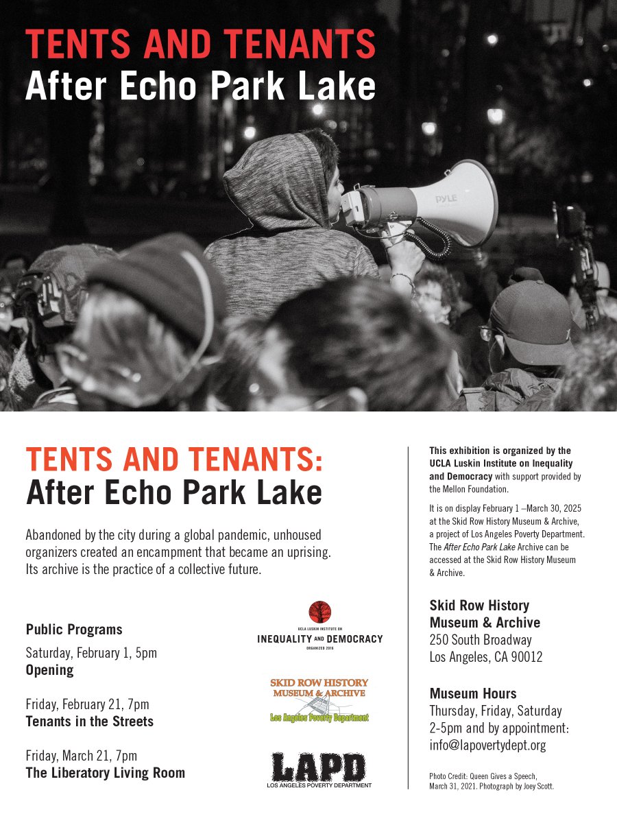 We invite you to join us <a href="/lapovertydept/">LA PovertyDepartment</a> on Friday, Feb. 21 @ 7pm for “Tenants in the Streets,” a discussion featuring <a href="/lifecanbelike/">Deshonay Dozier</a>, <a href="/erin_mc_elroy/">Erin McElroy</a>, Annie Powers &amp; Lupita Limón Corrales, with Pete White as moderator. Learn more &amp; see you there&gt;&gt; luskin.ucla.edu/event/tents-an…