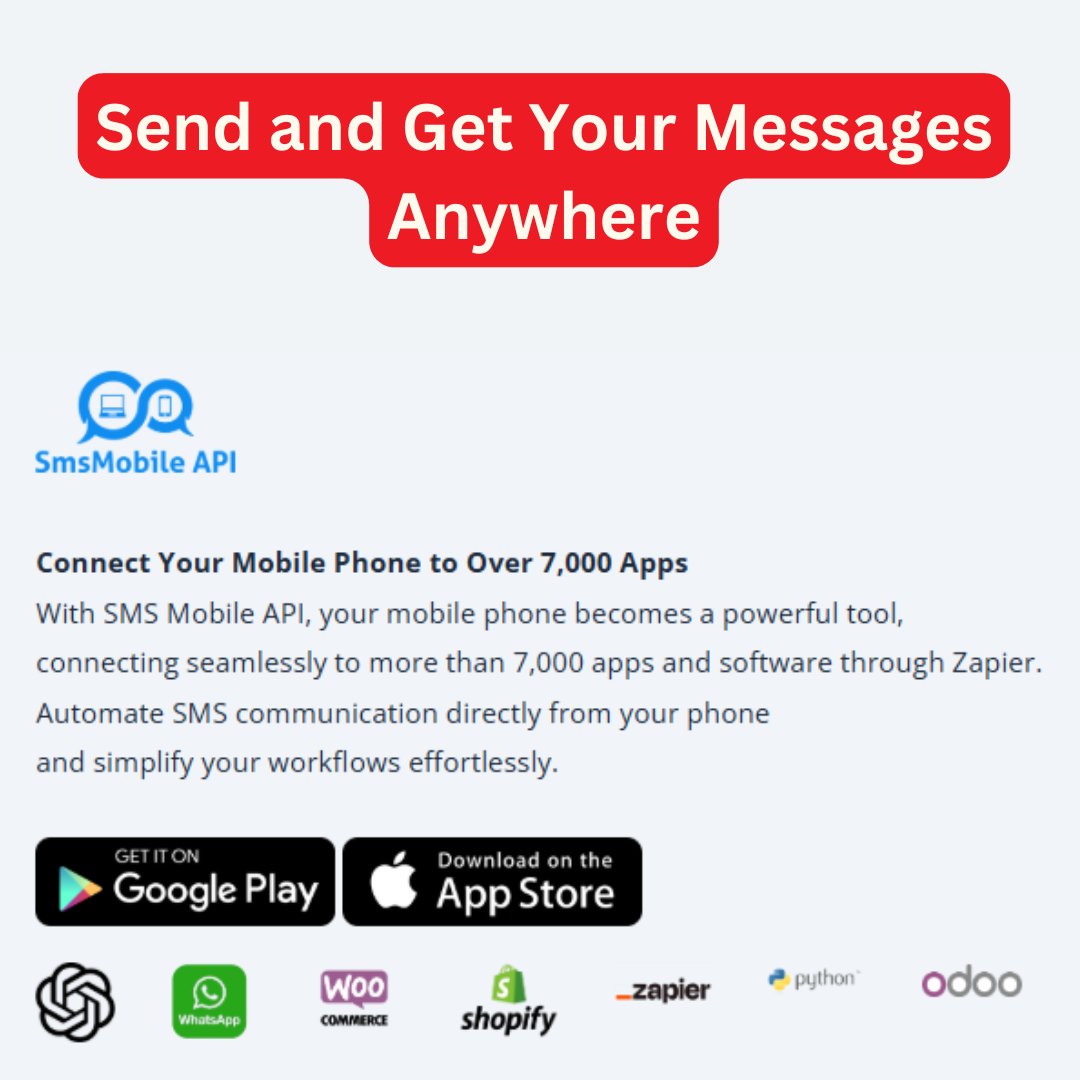 smsmobileapi's tweet image. Send and Get Your Messages Anywhere
Connect Your Mobile Phone to Over 7,000 Apps
With SMS Mobile API, your mobile phone becomes a powerful tool,
connecting seamlessly to more than 7,000 apps and software through Zapier.
#Notifications #SMSMobileAPI #SMSGateway #MobileAutomation