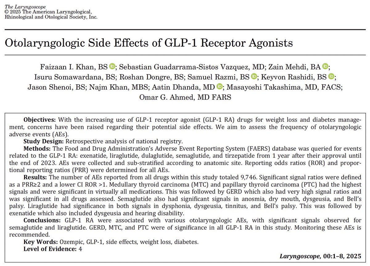 otohns's tweet image. A great collaboration between our Department and the EnMed students looking at GLP-1 receptor agonists and Otolaryngologic side effects, including GERD and thyroid carcinoma.