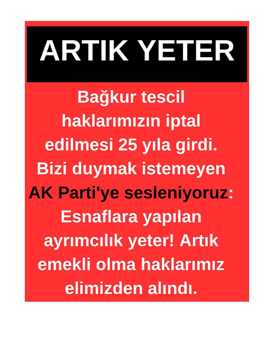<a href="/melih_meric/">Melih Meriç</a> #BağKurTescilMağdurları’na hak İadesi #Şart‼️

<a href="/memetsimsek/">Mehmet Simsek</a> 
<a href="/mvaliyuksel42/">Ali Yüksel</a>
<a href="/mustafasenbd/">MUSTAFA ŞEN</a>
<a href="/kemalcelik007/">Kemal ÇELİK</a>
<a href="/avomerozmen/">Ömer Özmen</a>
<a href="/belginuygur10/">Belgin Uygur 🇹🇷</a>
<a href="/leylasahinusta/">Dr. Leyla Şahin Usta 🇹🇷</a>
<a href="/AKKADINGM/">AK Parti Kadın Kolları</a>
@ahmetzenbilci
<a href="/zeynepyildiztr/">Zeynep Yıldız</a>
<a href="/Ruken_Kilerci/">Ruken Kilerci</a>
<a href="/fethanbaykoc/">Ahmet Fethan Baykoç</a>
<a href="/kurtcancelebi/">Kurtcan Çelebi</a>
<a href="/TugrulTurkes/">Y. Tuğrul TÜRKEŞ</a>
<a href="/aydinmsavas/">Mustafa SAVAŞ 🇹🇷</a>
<a href="/ahmetkilic16/">Ahmet KILIÇ</a>