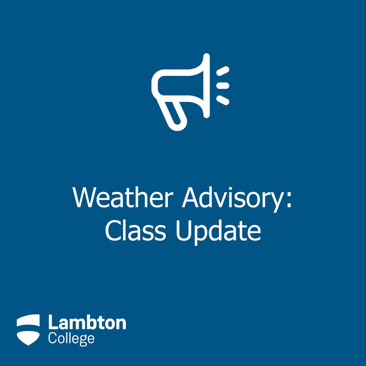 Due to the weather advisory and out of an abundance of caution, Lambton College has decided to move all course delivery to remote learning for the remainder of the evening Wednesday, February, 12 and Thursday, February 13.

Check lambtoncollege.ca for updates.