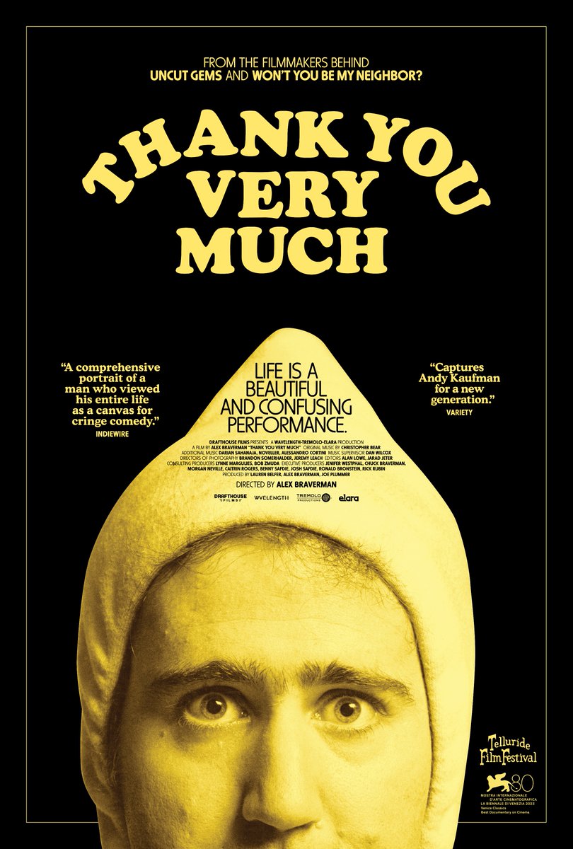 Exclusive first look at the poster for Alex Braverman’s Andy Kaufman documentary, Thank You Very Much 🍋 

The film will be released in select theaters nationwide and on digital starting March 28 via <a href="/DrafthouseFilms/">Drafthouse Films</a> and <a href="/ElaraPictures/">Elara</a>.