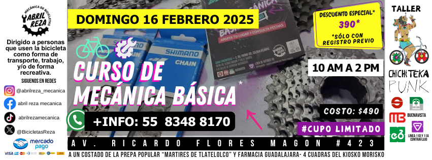 Curso Mecánica Básica (Mecánica de emergencia )🔧🚲📅DOM 16 FEB
⏰10 a 2pm 
 ¡No te quedes en el camino!  
+INFO: 5583488170

Me ayudas a difundir? <a href="/BicireporteraDF/">Bicireportera CDMX</a> <a href="/BicitlanRadio/">Bicitlán Radio</a> 👏🙏