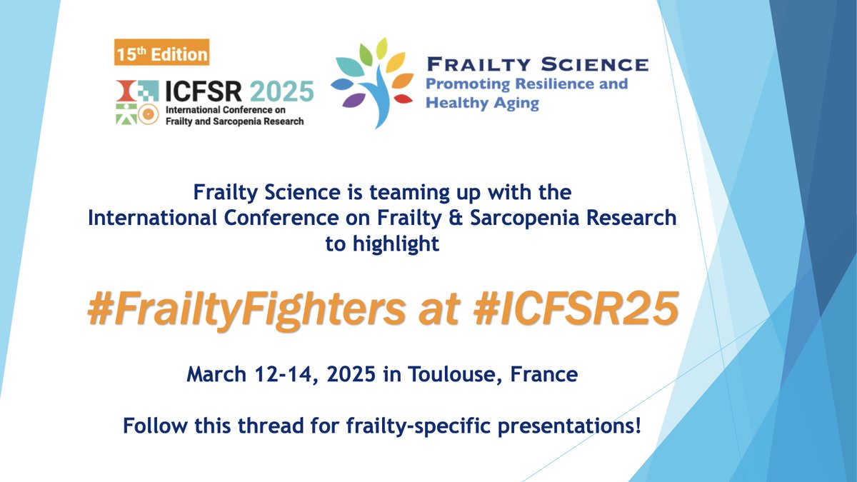 Since 2023, we've been collaborating w/@icfsrcongress to highlight annual conference #FrailtyFighters. #ICFSR25 is 1⃣ month away! Attend in-person or online. #EarlyBird registration ends: 2/20. Follow this thread for #Frailty-specific presentations.

Info: frailty-sarcopenia.com
