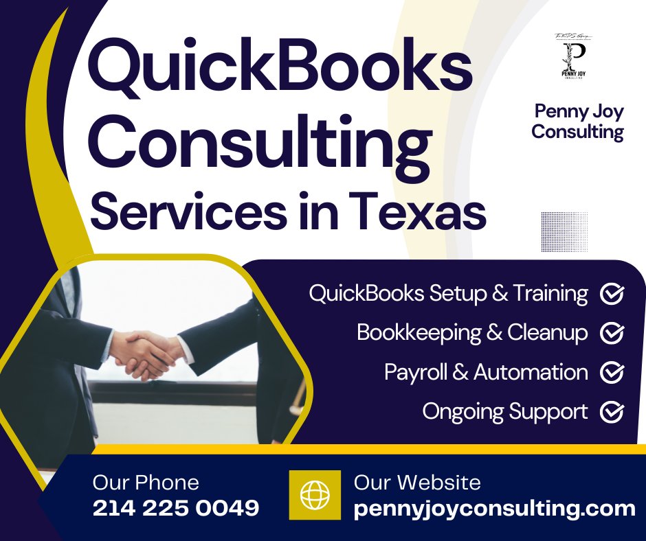 theKPSgroup's tweet photo. QuickBooks Consulting Services in Texas – Done right, stress-free! Penny Joy Consulting helps small business owners set up, fix, and master QuickBooks. Save time, reduce errors, and get expert support. 

Call 214-225-0049 today! #QuickBooksConsulting #SmallBusinessHelp https://t.co/nF10xIWwQL