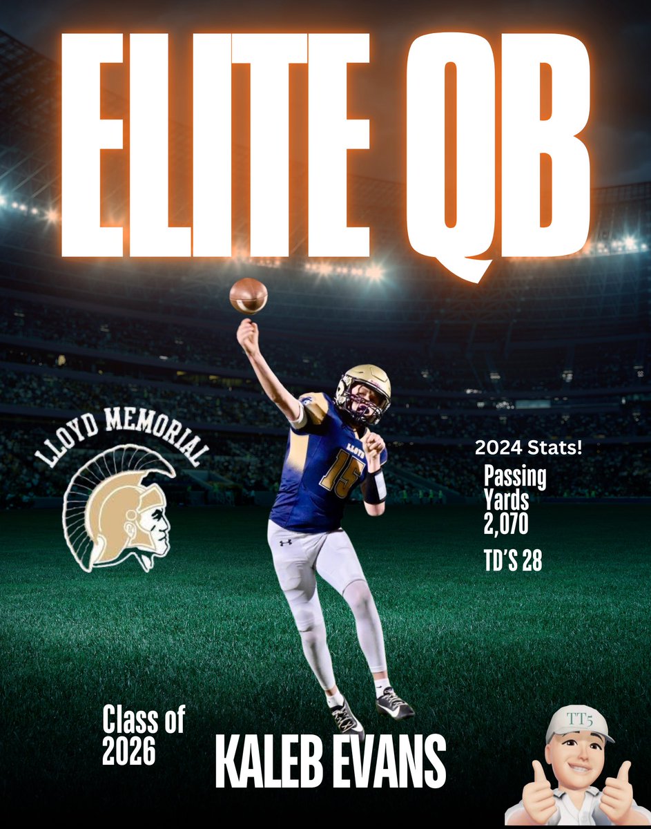 Class Of 2026 Lloyd Memorial Juggernauts QB Kaleb Evans has become one of Tim’s Top 5 ELITE QB going into the 2025 Season. A PLAYER THAT GIVES A 💯 PERCENT EVERY TIME HE HITS THE FIELD. RECRUITS! KEEP YOUR EYES ON HIM IN THE 2025 SEASON.