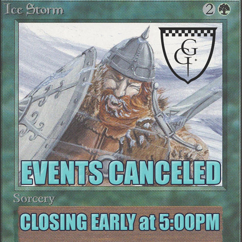 gamersgauntlet's tweet photo. Due to the coming Winter Storm, we are canceling our Wednesday Night Events and closing shop early at 5pm.
If you had purchased a ticket, we will be issuing refunds this afternoon. https://t.co/LgnkZTwtux