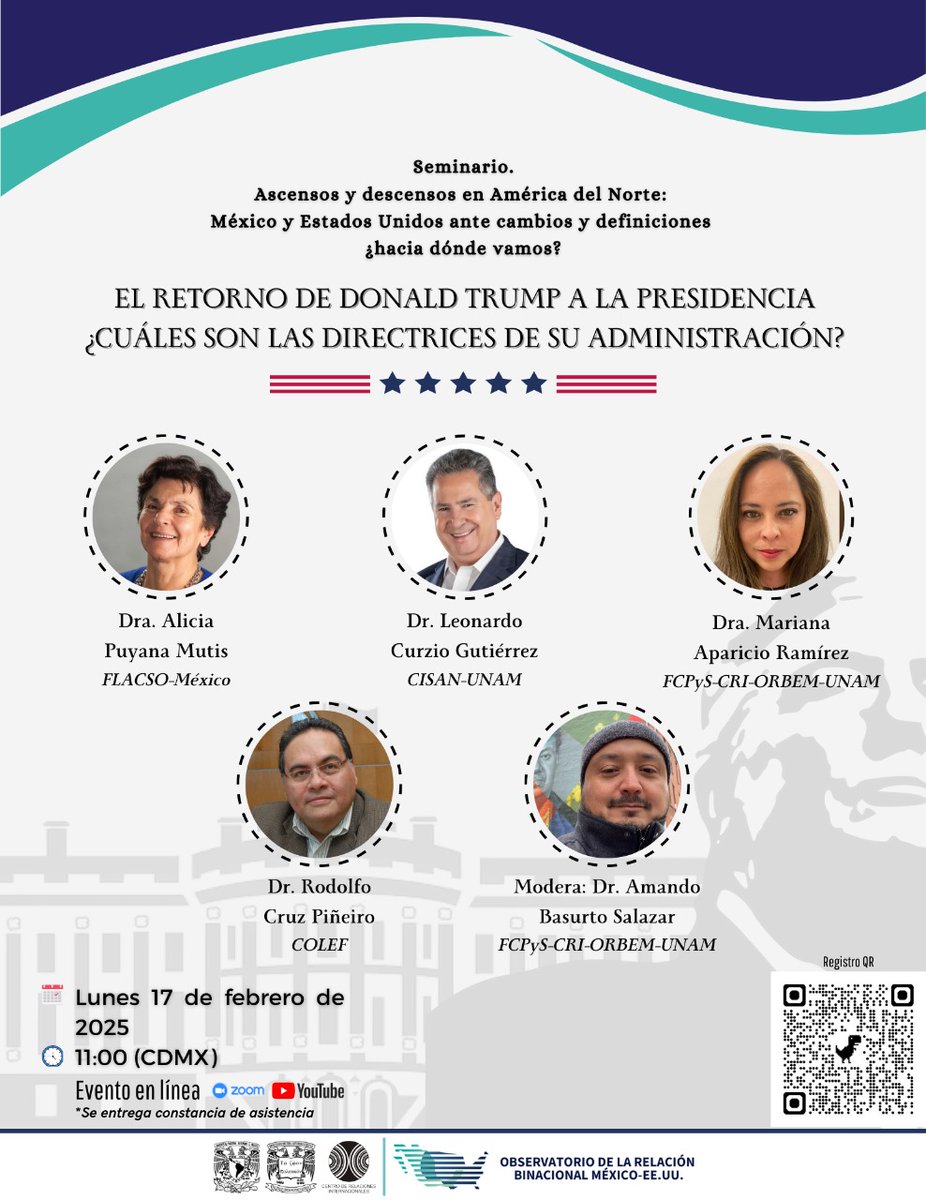 ¡Próximos días!

No te puedes perder la segunda mesa de análisis del seminario "Ascensos y descensos" sobre el retorno de #DonaldTrump a la presidencia de 🇺🇸 
🗓️Lunes 17 de febrero
🕚11:00 hrs (CDMX)
🔷modalidad en línea

<a href="/UNAM_MX/">UNAM</a> #comercio #seguridad #economia #politicaexterior