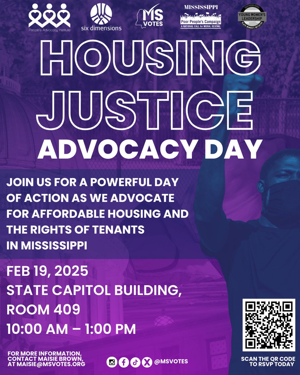 Join us at the State Capitol Building  on February 19 to advocate for Housing Justice!
This is a powerful opportunity to uplift our voices &amp; advocate for change. 
Don’t miss your chance to learn, share, &amp; make an impact! Scan the QR code to RSVP!
#MSVotes #Up2Us #MSHousing #MSLeg