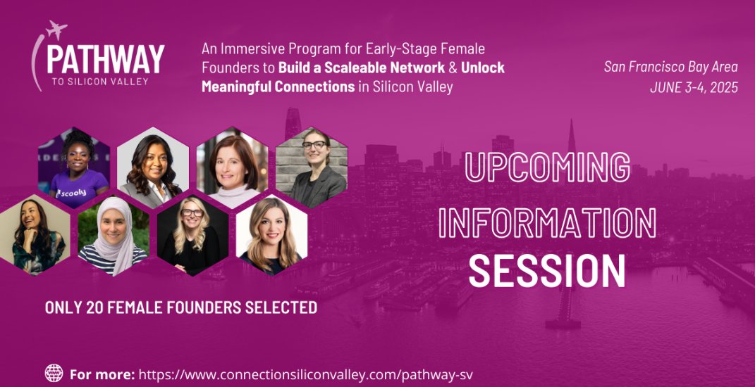 Reminder! Tune into today's Pathway to Silicon Valley info session at 4PM PT to hear:

✔️ How the program helps women founders break into the U.S. market
✔️ Investor &amp; mentor connections you’ll make in Silicon Valley
✔️ What makes a strong application

🔗 share.hsforms.com/1cIPiFMxzQuKQ0…