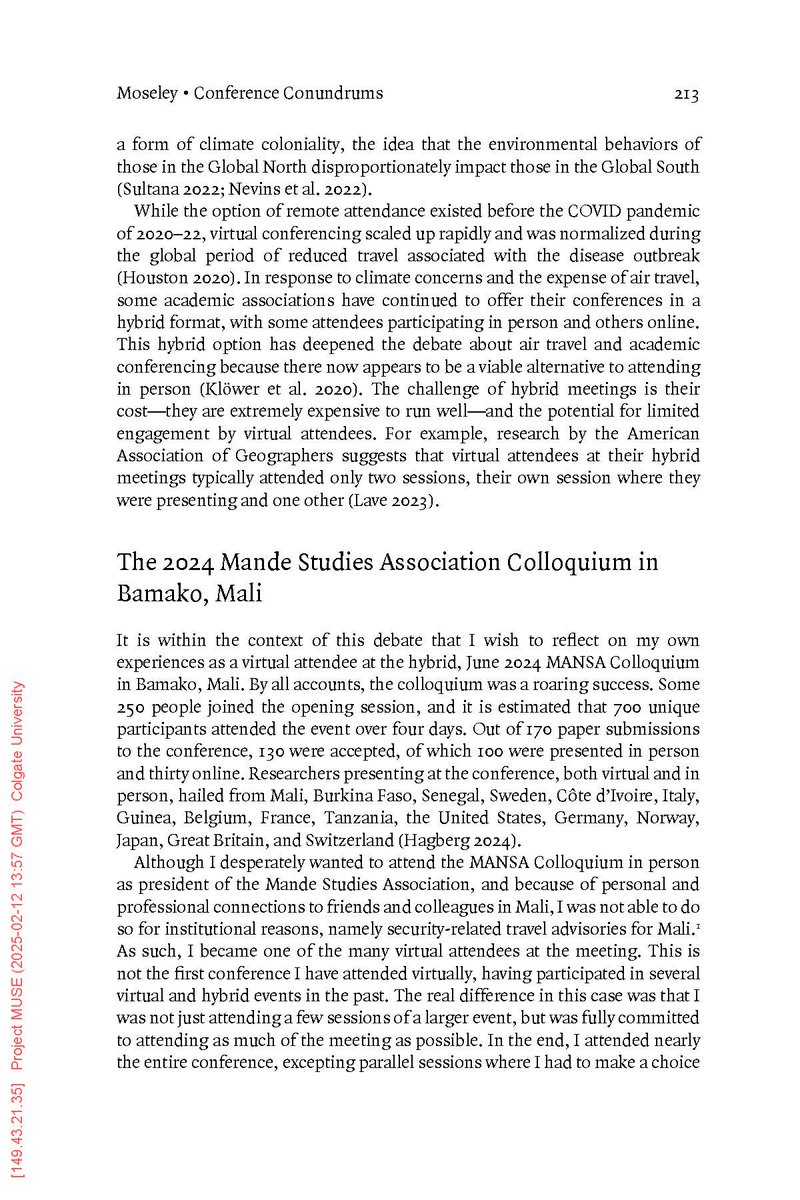 WilliamGMoseley's tweet photo. I  have a new article out @StudiesMande: Conference  Conundrums: The 2024 MANSA Bamako Colloquium, Climate Coloniality, &amp; the Complexities of Virtual Attendance (https://t.co/W8lRf64hCK).  This  is my attempt to complicate the conversation about climate coloniality  &amp; air travel https://t.co/B5gsCSYD17