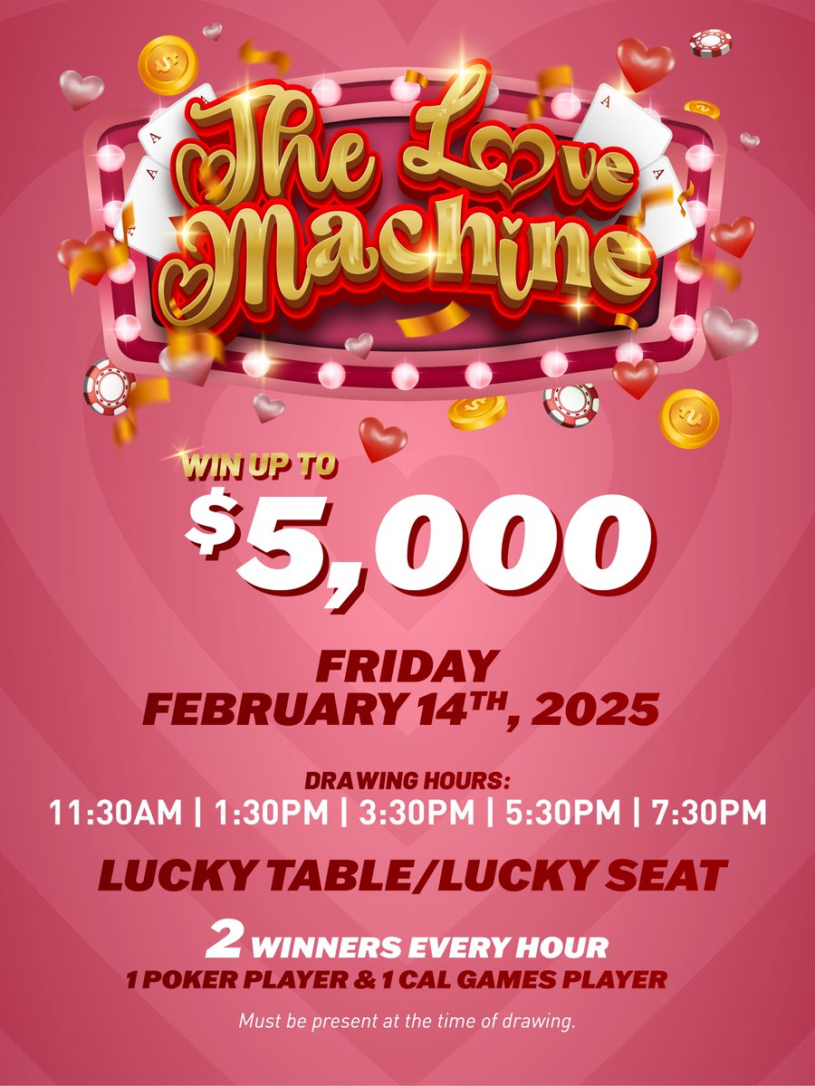 PlayHPC's tweet image. Showing our love to you all month long! THIS FRIDAY could be your chance in our
L❤️VE MACHINE 😉

Spend your Valentine’s Day 💌 with us!

See website for more details.
GEAR-000760, GEAR-000763 | Gambling Problem? Call 1-800-Gambler #love #lovemachine #valentine #valentinesday