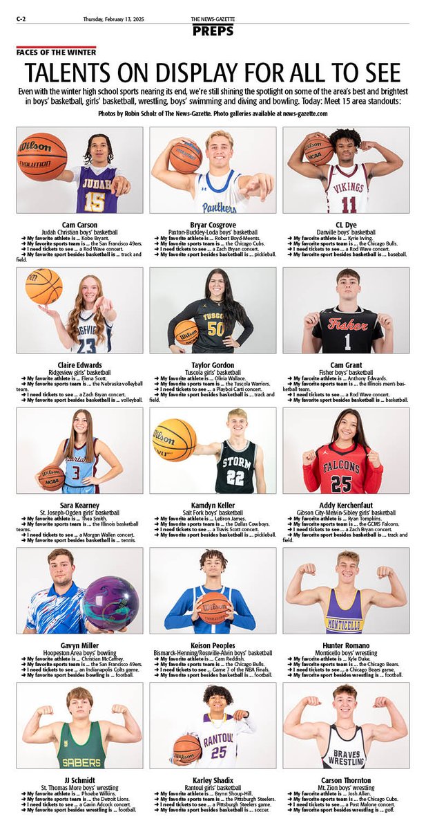 In Thursday's <a href="/news_gazette/">The News-Gazette</a>: Meet 15 area standouts from Judah Christian, <a href="/PBL_AD/">PBL AD</a>, <a href="/DHSVikings118/">DHS Vikings Athletics</a>, Ridgeview, <a href="/TuscolaAD/">Tuscola HS Athletics</a>, <a href="/FisherBunnies/">Fisher Schools</a>, <a href="/SJOsports/">SJO AD</a>, <a href="/SaltFork_HS/">Salt Fork H.S.</a>, <a href="/GCMS_GirlsBball/">GCMS Girls Basketball</a>, <a href="/HoopestonAreaHS/">Hoopeston Area HS</a>, <a href="/BHRABlueDevils/">BHRA</a>, <a href="/SagesAthletics/">Sages Athletics</a>, <a href="/STMoreAD/">Sabers Athletics</a>, <a href="/RantoulSports/">Rantoul Athletics</a>, <a href="/THEMTZBRAVES/">MTZ</a>