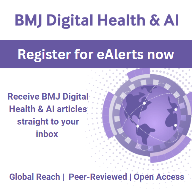 📥 Stay ahead in #DigitalHealth and #AI! Sign up for e-alerts and get the latest high-quality research and insights delivered straight to your inbox. Don’t miss an update from BMJDH&amp;AI emails.bmj.com/k/Bmj/jausu/bm…