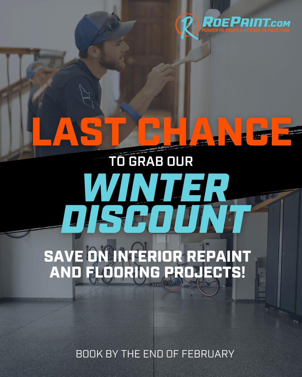 RoePaintFloors's tweet photo. If you have home projects on your mind for 2025, let's cross them off your wishlist! ✔️

Our only discount on #interiorpainting and #concretecoatings projects ends this month, so you still have time to SAVE BIG on some really big projects.  😎

#idaho #nevada #boise #elko https://t.co/7aBwNEk3dw