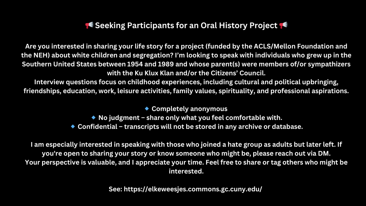 Call for Respondents for Oral History Project about White Children and Segregation in the Southern USA
<a href="/lifeafterhate/">Life After Hate</a>