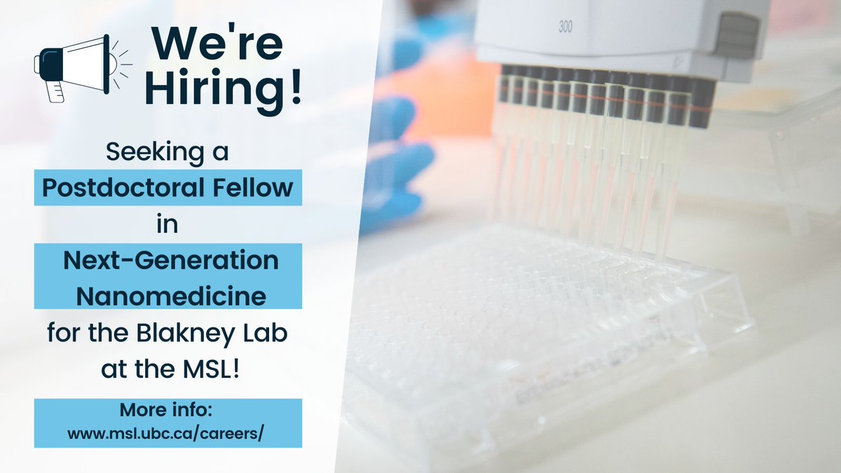 Michael Smith Labs (@ubcmsl) on Twitter photo š£We're hiring! We are seeking a Postdoctoral Fellow in Next-Generation Nanomedicine to join the #BlakneyLab at the MSLš¬
Learn more about the position and how to apply at: msl.ubc.ca/careers/
<a href="/ubcscience/">UBC Science</a> @UBCmedicine <a href="/SBME_UBC/">UBC School of Biomedical Engineering</a> <a href="/CBR_UBC/">UBC Centre for Blood Research</a> <a href="/AnnaBlakney/">Anna Blakney</a> <a href="/JayKizLab/">Jay Kizhakkedathu Lab</a> š£We're hiring! We are seeking a Postdoctoral Fellow in Next-Generation Nanomedicine to join the #BlakneyLab at the MSLš¬
Learn more about the position and how to apply at: msl.ubc.ca/careers/
<a href="/ubcscience/">UBC Science</a> @UBCmedicine <a href="/SBME_UBC/">UBC School of Biomedical Engineering</a> <a href="/CBR_UBC/">UBC Centre for Blood Research</a> <a href="/AnnaBlakney/">Anna Blakney</a> <a href="/JayKizLab/">Jay Kizhakkedathu Lab</a>