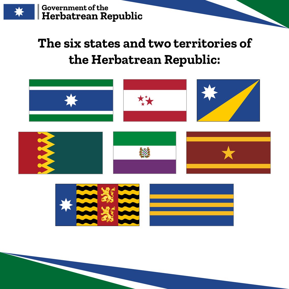 After the creation of two new federal territories this is what the eight states &amp; territories of the Herbatrean Republic will look like: