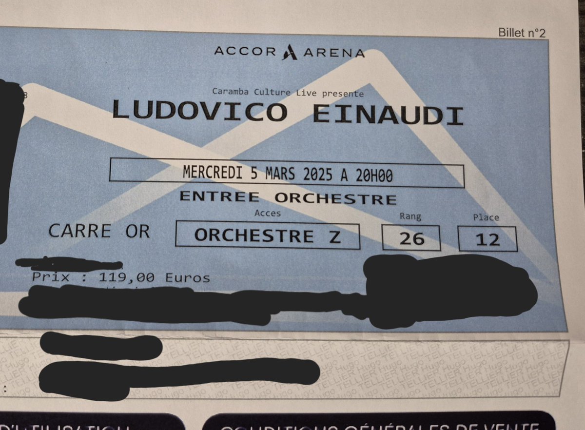corentin62630's tweet photo. Bonjour,
Je vends un billet pour un concert de ludovico Einaudi en carré or le mercredi 5 mars à Paris. J'ai un examen ce jour là et je dois donc revendre le billet.
Prix à l'origine 119 euros (possibilité de négocier)
#einaudi #concert https://t.co/vWa6WuMIpI