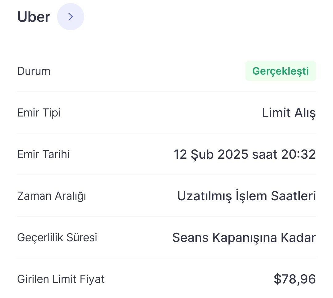 Shopify satışından sonra 79$ maliyetle portföye $uber ekledim.