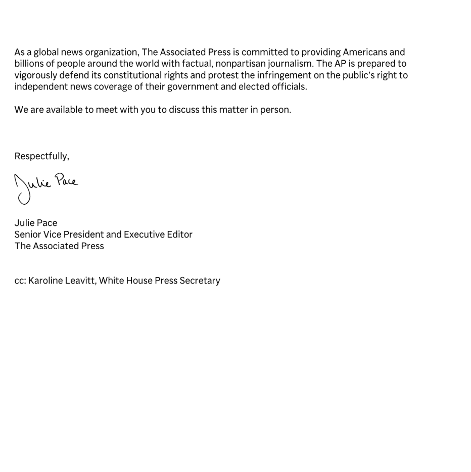 News: The AP's exec editor Julie Pace sent a letter to the White House today objecting over AP reporters being blocked from events: "It is among the most basic tenets of the First Amendment that the govt cannot retaliate against the public or the press for what they say"
