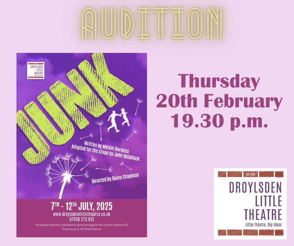 AUDITIONS ALERT! 
📷 Calling all actors aged 18+! Droylsden Little Theatre is holding auditions for JUNK, a powerful and gripping stage adaptation of Melvin Burgess’ award-winning novel.

Find Out More: facebook.com/DroylsdenLittl…