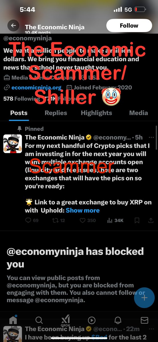 Honored to be Blocked by another dime a dozen Snake/Scammer 
🤡 ClownNinja Narcissist Shiller 🥴 Using his followers as exit liquidity pretending to be your buddy. 
Plenty more pump n dumps coming just use his links &amp; buy his bags. 
Bad idea trust me! #economicninja #scam #crypto