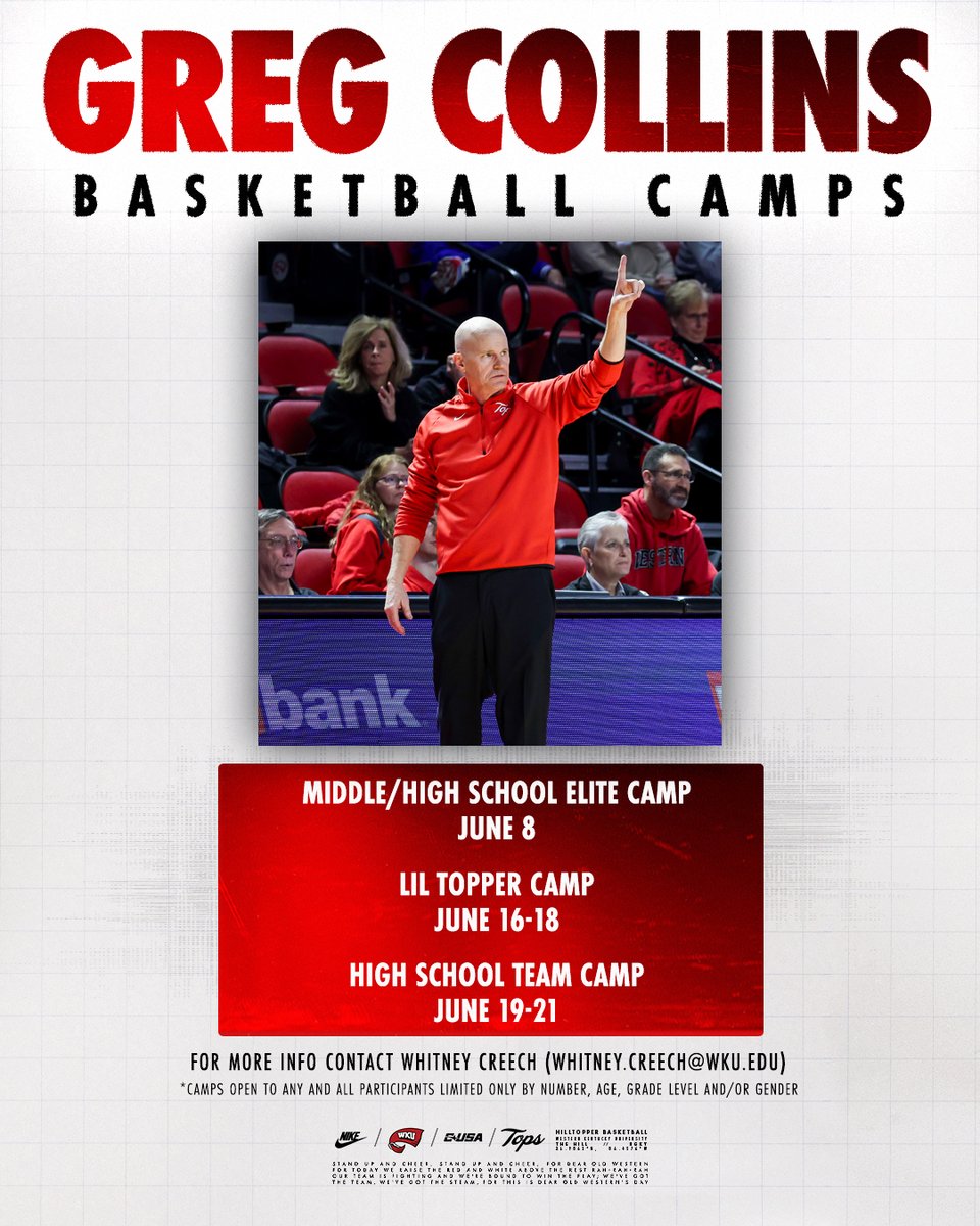 WKU Womenโs Basketball (@ladytopperhoops) on Twitter photo Need summer plans? Get signed up for <a href="/CoachCollinsWKU/">Greg Collins</a> Basketball Camps!
๐ bit.ly/4hD1Oe6 Need summer plans? Get signed up for <a href="/CoachCollinsWKU/">Greg Collins</a> Basketball Camps!
๐ bit.ly/4hD1Oe6