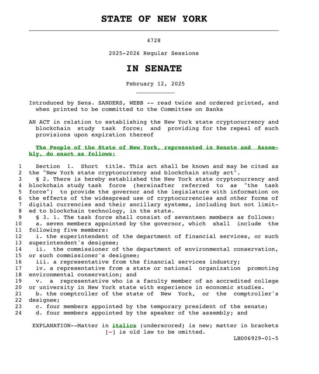 Cointelegraph's tweet photo. 🔥 NEW: A bill was just introduced in New York with the focus of "establishing a New York State cryptocurrency and blockchain study task force." https://t.co/5jWxNPJ4zg