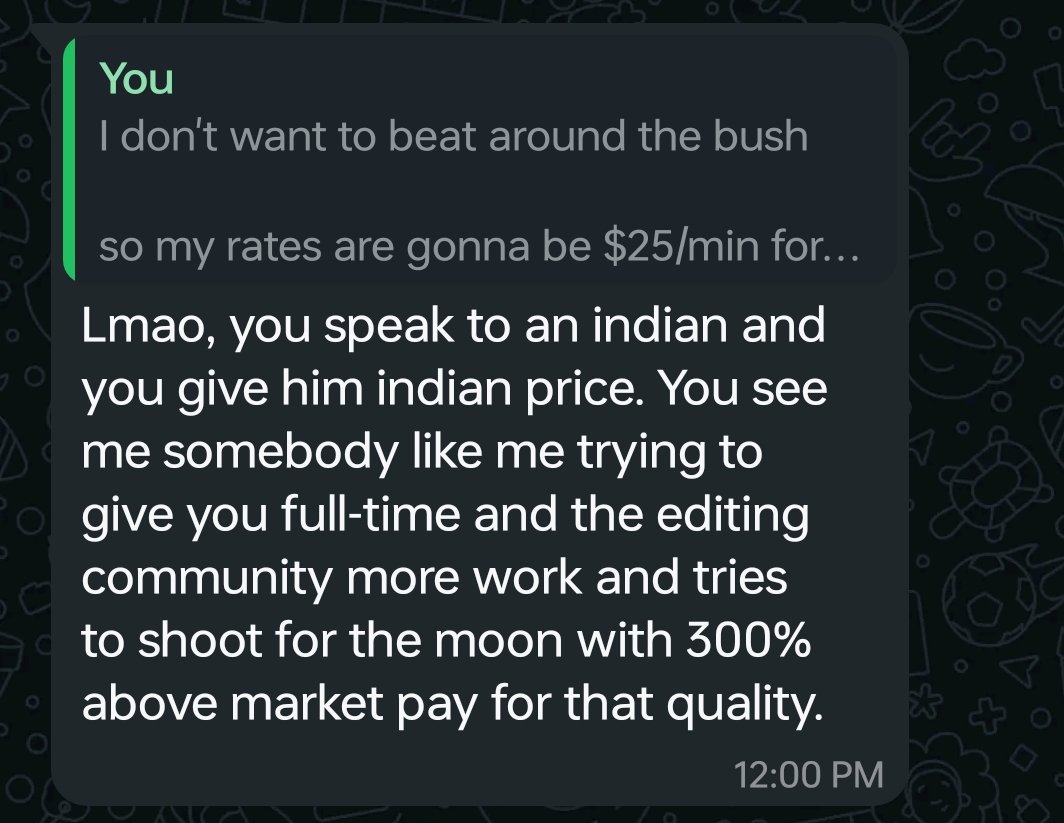 royvisuals's tweet image. This is racism at it's peak

Imagine delivering higher quality than most editors and settling for a lower price just because you are a different race 

Do you think $25/min is above market rate????