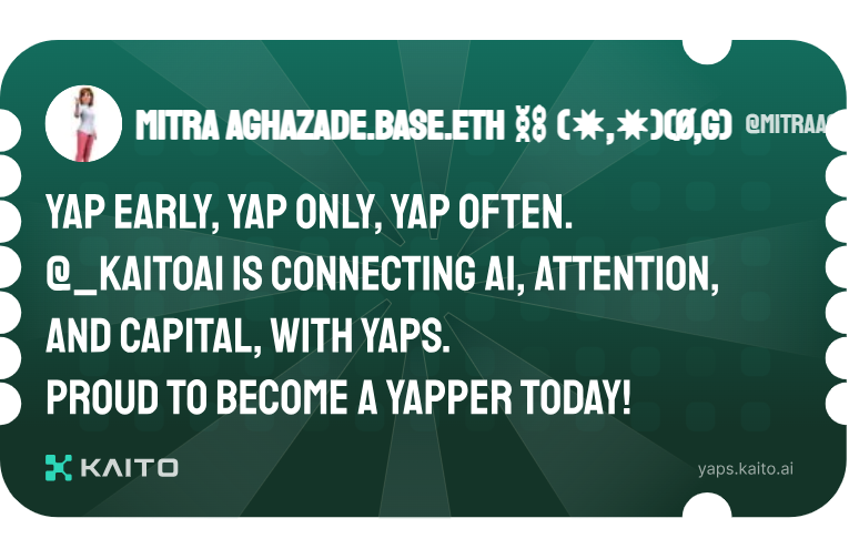 Yap early, yap only, yap often.

@_kaitoai is connecting AI, attention and capital with Yaps.

Just claimed my social card and I'm accumulating Yap points in real-time.

Claim yours 👉 yaps.kaito.ai/referral/16232…