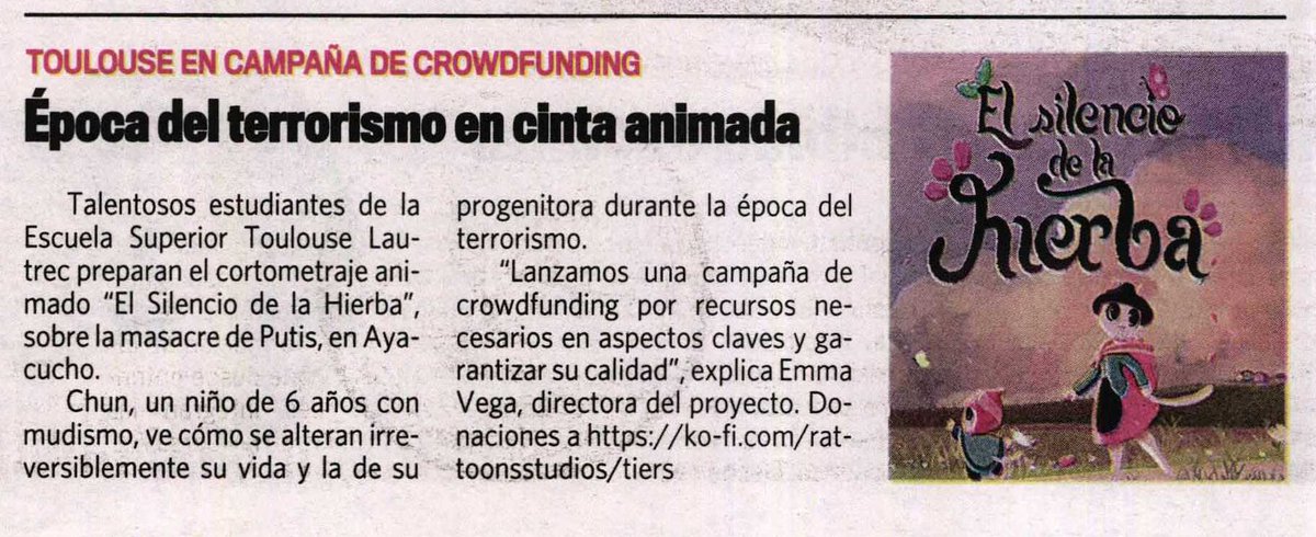El Diario Expreso destaca El Silencio de la Hierba, el cortometraje creado por nuestras alumnas de Animación Digital en Rattoons Studios, inspirado en la masacre de Putis. 🏔️

Contribuye a su campaña de crowdfunding y sé parte de esta historia. 💜
 ko-fi.com/rattoonsstudio…
