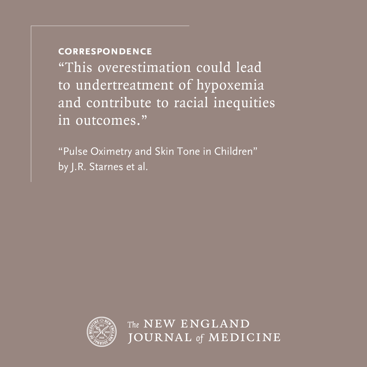 NEJM's tweet photo. Simultaneous measurements in children revealed overestimation of arterial saturation by pulse oximetry that was attributable to spectrophotometric measures of skin tone. Learn more: https://t.co/RrNUvkgMKw https://t.co/CxfREQXJR4