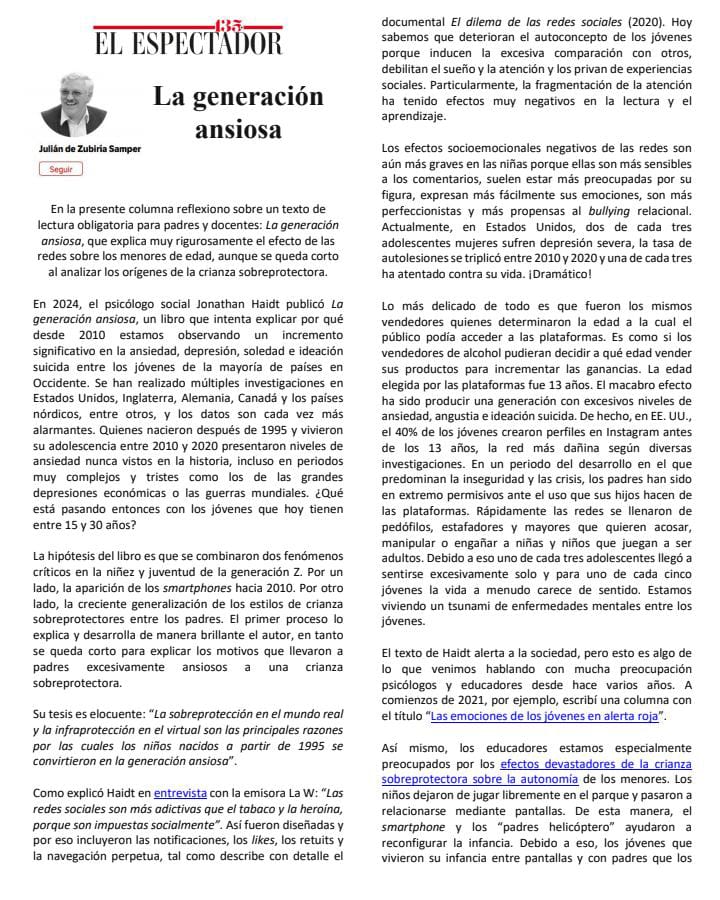 juliandezubiria's tweet photo. La ansiedad de los jóvenes está excesivamente alta. El psicólogo Jonathan Haidt concluye que esto se debe a dos procesos: la sobreprotección de los padres a sus hij@s en el mundo real y la permisividad ante las redes. Comparto libremente la columna en la que analizo su libro: https://t.co/2yNjtLBuaJ