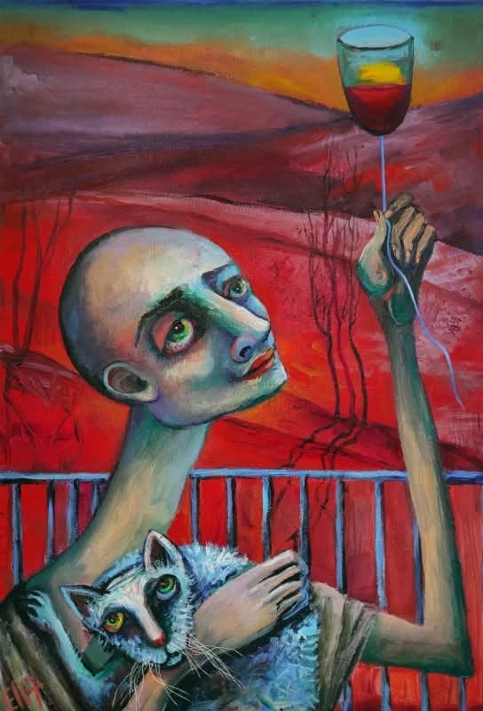 "The Unbearable Lightness Of Being" 

(Elisheva Nesis, series "WOMAN &amp; WINE", canvas/acrylic, 60cm x 40cm)

#cat #lightness #catlovers #symbolism #contemporaryart #elishevanesis #artlovers #fineart