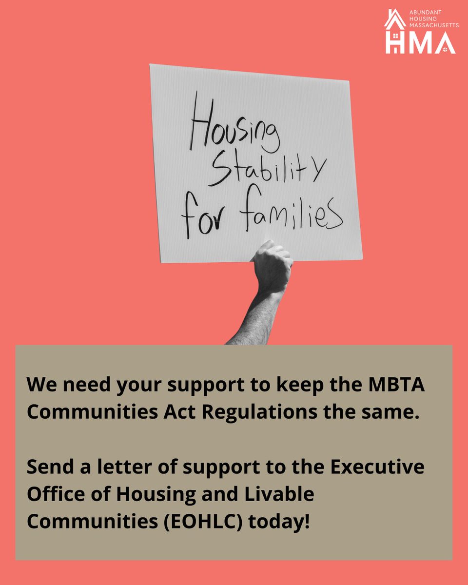 We need your support to keep the MBTA Communities Act Regulations the same!

Send a letter of support to the Executive Office of Housing and Livable Communities (EOHLC) today. 

Learn more here: abundanthousingma.org/stand-up-for-m…