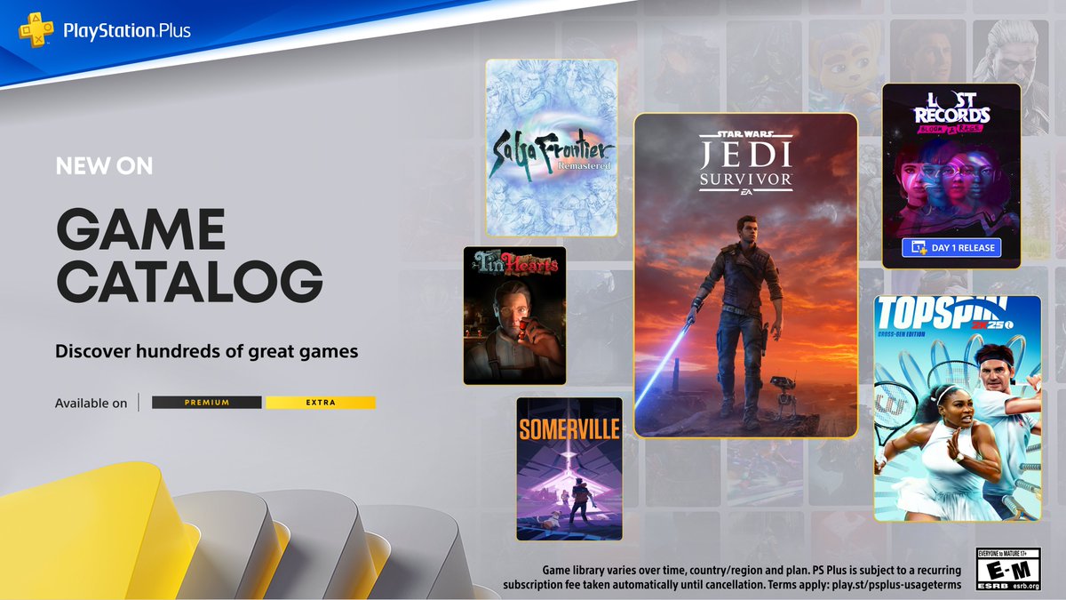 February PlayStation Plus Game Catalog additions:

🚀 Star Wars Jedi: Survivor
🎾 TopSpin 2K25
🌲 Lost Records: Bloom &amp; Rage - Tape 1

Also coming to PlayStation Plus over the next few months:

⚬ Abiotic Factor
⚬ Blue Prince
⚬ Armored Core
⚬ Armored Core: Project Phantasma
⚬