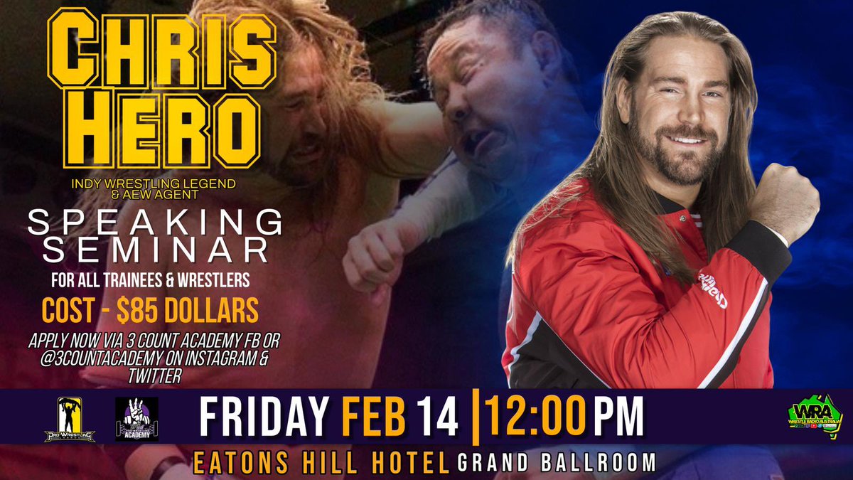 ChrisHero's tweet image. Australia! 

As I prepare to take the long journey over for Grand Slam, I thought I would let you all know that I’ll be hosting a seminar this Friday courtesy of @3CountAcademy &amp;amp; @PWLeagueAus

Hit up Three Count for any questions &amp;amp; I’ll see you there (Border Security willing 🤓)
