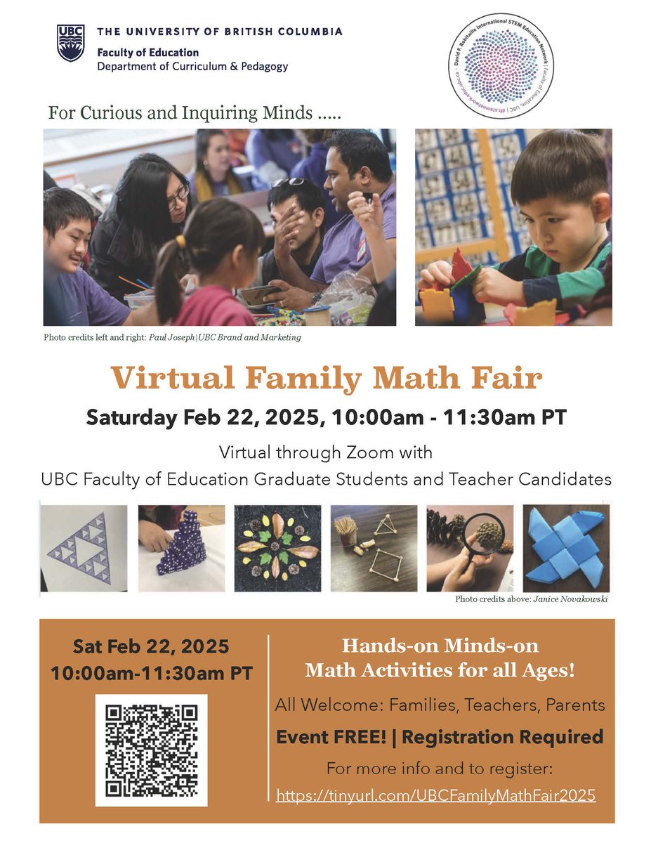 Join us for this year's UBC's Family Math Fair on Saturday, February 22 via Zoom. For more information and free registration: docs.google.com/forms/d/e/1FAI… <a href="/EarlyFamilyMath/">EarlyFamilyMath</a> <a href="/DREMEmath/">DREME Network</a> <a href="/sd38ELCC/">Richmond School District Early Learning</a> <a href="/RichmondSD38/">Richmond Schools</a> <a href="/VSB39/">Vancouver School Board</a>   <a href="/UBC_EducationSA/">UBC Education Students' Association</a> <a href="/UBC/">University of British Columbia</a>