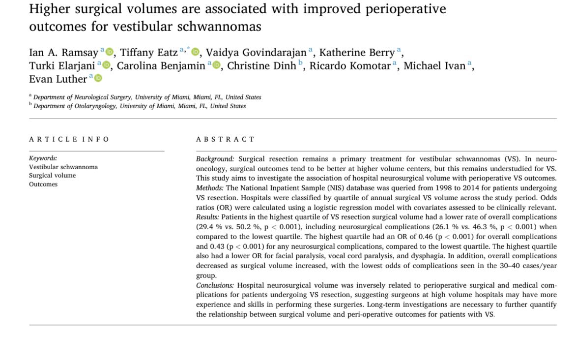 evanluthermd's tweet image. Surgical outcomes are, in part, linked to institutional volume. With acoustic neuromas, patients benefit from treatment at centers of excellence with experts in their field. Thank you again @iramsay34 for all your incredible work! #skullbase #cerebrovascular #acousticneuroma #IAC