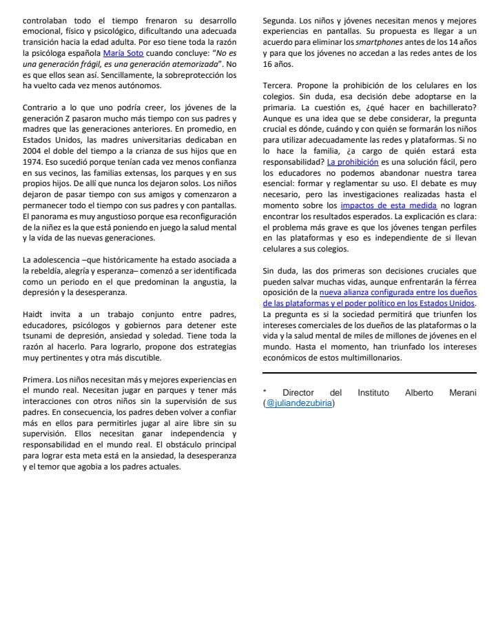 La ansiedad de los jóvenes está excesivamente alta. El psicólogo Jonathan Haidt concluye que esto se debe a dos procesos: la sobreprotección de los padres a sus hij@s en el mundo real y la permisividad ante las redes. Comparto libremente la columna en la que analizo su libro: