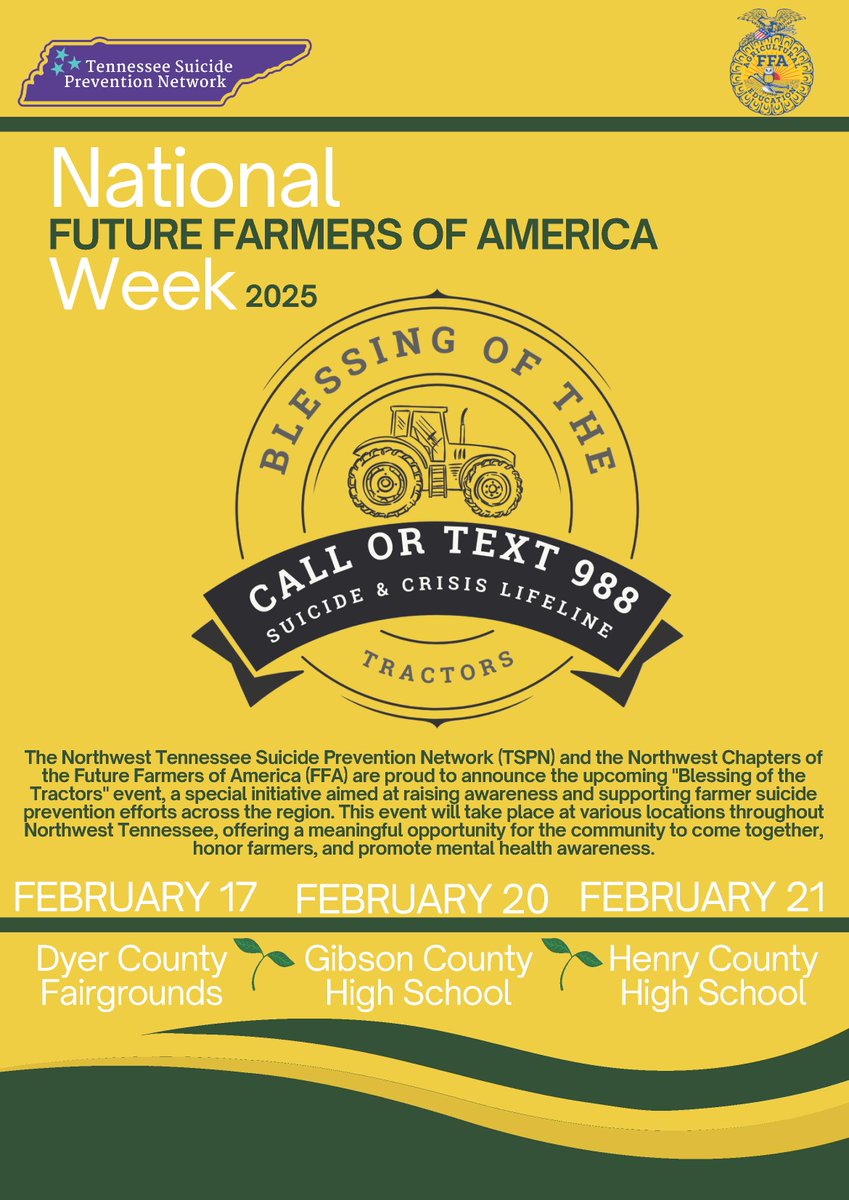 Farmers are 3.5 times more likely to die by suicide than other people, according to the National Rural Health Association. That’s why TSPN created Blessing of the Tractors with regional health, prevention, agriculture and school partners.   

Learn more tspn.org/farmers-and-su…