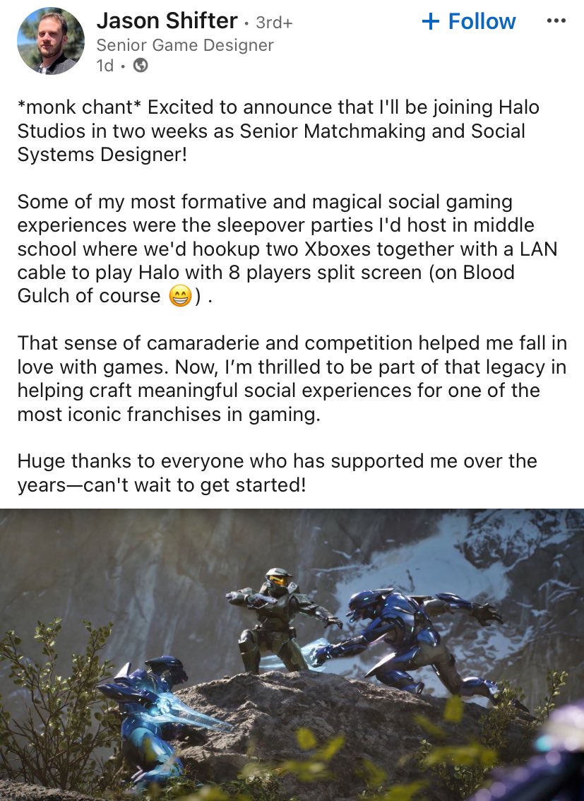 Mr_Rebs_'s tweet photo. Three developers from Firewalk Studios (Concord) have joined Halo Studios: 
•Jason Shifter: Senior Matchmaking and Systems Designer (Led Concord’s multiplayer team and gameplay design for Apex Legends Mobile)
•Travis Treadway: Senior VFX artist (Created VFX for Concord and Destiny 2) 
•Pamela P: Senior Product Marketing Manager (Marketed Concord, CoD, Destiny)
 #Halo #Xbox