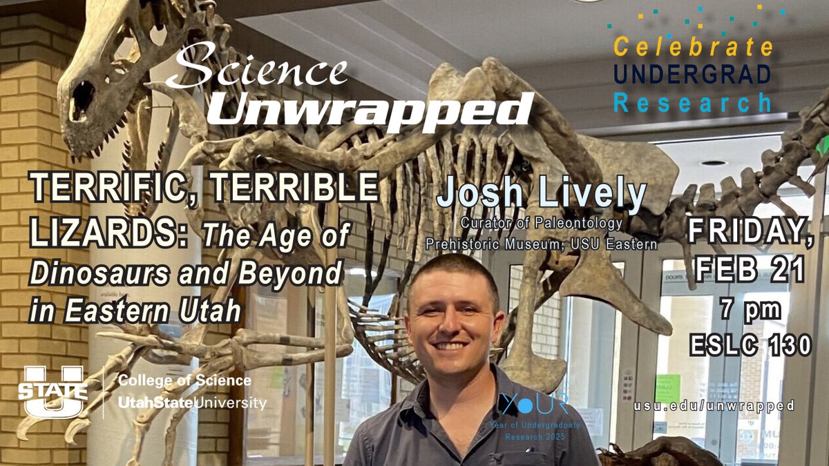 FRI, FEB 21: Dr. Josh Lively, curator of paleontology at USU Eastern's Prehistoric Museum, "Terrific, Terrible Lizards: The Age of Dinosaurs and Beyond in Eastern Utah," 7 pm, in ESLC 130 on the USU campus in Logan. Free; all welcome!
usu.edu/science/unwrap…
