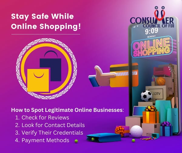 CCoFiji's tweet photo. Online shopping is convenient, but not all businesses on platforms like Facebook or Instagram are legitimate. Scammers often create fake pages to trick unsuspecting shoppers. 
#TakeAction #ConsumerRights #StayAlert https://t.co/r8VaLd5cBO