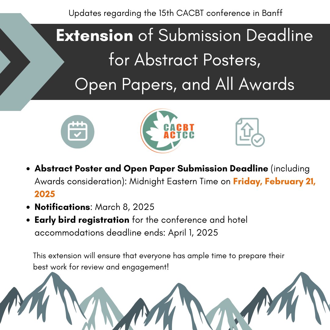 📢 Deadline Extended📢
The 2025 CACBT Conference is accepting Poster &amp; Open Paper submissions!  Share your research or clinical insights in Banff.

🏆 Awards available for outstanding research, professional development, &amp; clinical work!

Submit today at
event.fourwaves.com/cacbtactcc/pag…