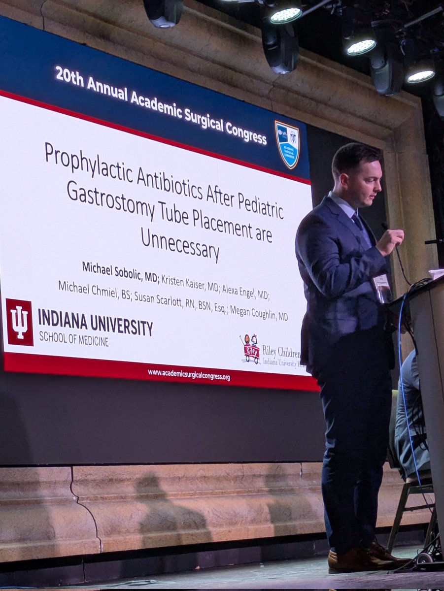Kristen Kaiser, MD (@kristen_kaiser1) on Twitter photo Dr. Sobolic leading off the pediatric quick shots with an excellent presentation on antibiotic usage in gastrostomy tubes.
<a href="/MeganCoughlin5/">Megan Ashley Coughlin MD</a> <a href="/IU_PedSurg/">IUSM Pediatric Surgery</a> #ASC2025 Dr. Sobolic leading off the pediatric quick shots with an excellent presentation on antibiotic usage in gastrostomy tubes.
<a href="/MeganCoughlin5/">Megan Ashley Coughlin MD</a> <a href="/IU_PedSurg/">IUSM Pediatric Surgery</a> #ASC2025
