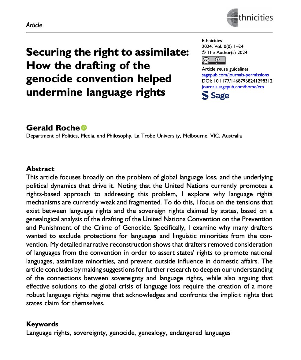 Dr Gerald Roche (@gjosephroche) on Twitter photo My article on the drafting of the genocide convention and language rights has been published in volume 25(1) of <a href="/EthnicitiesSAGE/">Ethnicities</a> - it is open access and free for anyone to read.
journals.sagepub.com/doi/full/10.11… My article on the drafting of the genocide convention and language rights has been published in volume 25(1) of <a href="/EthnicitiesSAGE/">Ethnicities</a> - it is open access and free for anyone to read.
journals.sagepub.com/doi/full/10.11…
