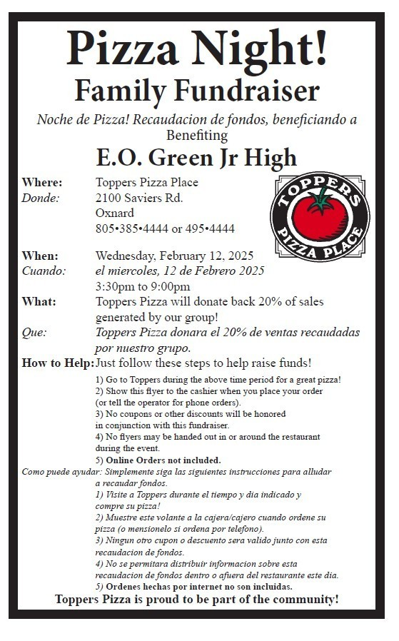 📢 E.O. Green Families Today Wednesday February 12th  is our PTSA's  Fundraiser at Topper's Pizza  🍕at the Saviers Rd. location from 3:30 pm to 9:00 pm.  Just show the flyer below or for phone order mention E.O. Green Jr High.   Thank you for supporting E.O. Green's PTSA.